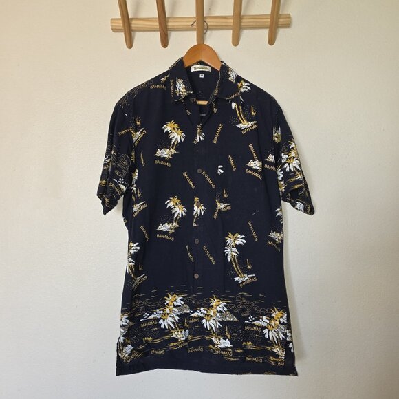 Shoreline Bahamas Shirt Men’s M Blue Hawaiian Button Up 100% Cotton Palm Trees - Picture 2 of 10